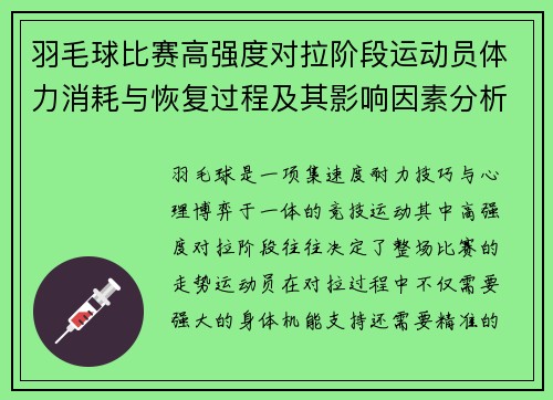 羽毛球比赛高强度对拉阶段运动员体力消耗与恢复过程及其影响因素分析